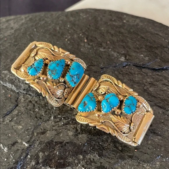 Gold 14K Native American Turquoise Vintage Watch Tips signed Walley - Picture 3 of 15